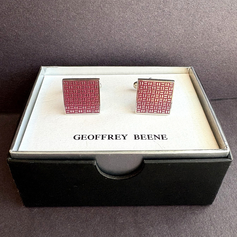 Geoffrey Beene Men's Cufflinks Silver & Red Enamel Square‎ Geometric Classic
